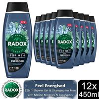 12x Radox Mineral Therapy Feel Energised 2in1 Shower Gel & Shampoo for Men,450ml
