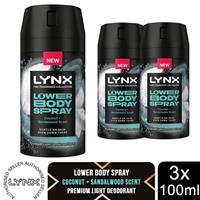Lynx Lower Body Spray Coconut + Sandalwood 72Hrs of Freshness 100ml, 3 Pack