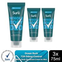 Sure Men Whole Body Deodorant Cream Ocean Rush with 72H Odour Control 75ml, 3 PK