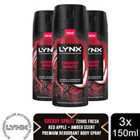Lynx Men Deodorant Body Spray Cherry Spritz with 72Hrs Freshness 150ml, 3 Pack