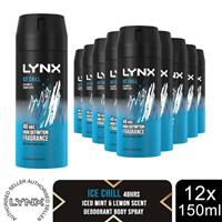 Lynx Ice Chill Body Spray 48H High Definition Iced Mint & Lemon 150ml, 12 Pack
