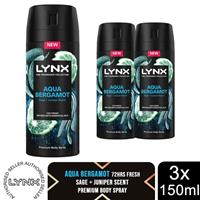 Lynx Fine Fragrance Collection Aqua Bergamot Deodorant Body Spray 150ml, 3 Pack