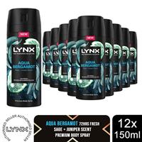 Lynx Fine Fragrance Collection Aqua Bergamot Deodorant Body Spray 150ml, 12 Pack
