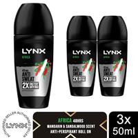 Lynx Africa Anti Perspirant Roll On 48 Hours Anti Sweat Protection 50ml, 3 Pack