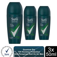 Sure Men Antiperspirant Deo Roll On 72H Nonstop Protection Quantum Dry 50ml, 3pk