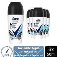 6x Sure Women Motion Sense AP Deodorant Rollon 72H Nonstop, Invisible Aqua 50ml