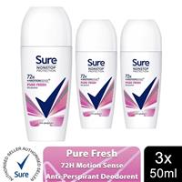 3x Sure Women Motion Sense AP Deodorant Rollon 72H Nonstop, Pure Fresh - 50ml
