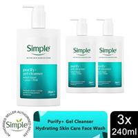 Simple Purify+ Gel Facial Cleanser 3 Pack (240ml) Hydrating Skin Care Face Wash