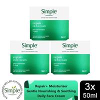Simple Repair+ Rich Cream Soothing Hydrating Face Moisturiser 50ml, 3 Pack