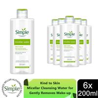 6 Pk Simple Kind to Skin Micellar Cleansing Water, Gently Removes make-up, 200ml