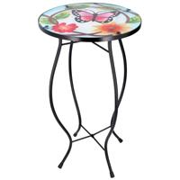 Iron/Glass Round Coffee Table Small Butterfly Mosaic Design Garden Patio