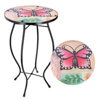 Mosaic Coffee Table Oudoor Iron Glass Round Side Butterfly Design Patio Garden