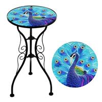 Garden Glass Round Coffee Table Blue Peacock Design Mosaic Patio Table
