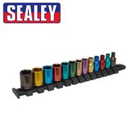 Sealey Premier 13pc 1/4 Dr 6point 4mm-14mm Colour Coded Sockets on Rail AK2872