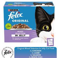 96x 85g Felix Wet Cat Food Original No Colourants Mixed Selection In Jelly