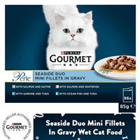 96 x 85g Gourmet Wet Cat Food Perle Seaside Duo Mini Fillets In Gravy