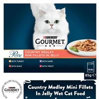 144 x 85g Gourmet Wet Cat Food Perle Country Medley Mini Fillets In Jelly