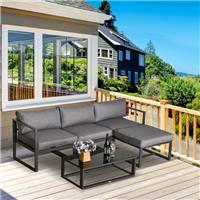 5pcs Patio Sofa Set Padded Cushion w/ Footstool Table Aluminium Frame Grey