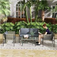 4 Piece Rattan Garden Furniture Set with 2 Armchairs Loveseat Cushions Grey