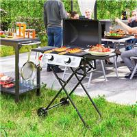 Portable Foldable Gas BBQ Grill with Side Tables, 2 Burner Barbecue Grill, Black