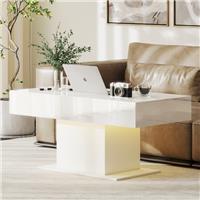 Extendable Coffee Table with LED Lights and Hidden Storage, High Gloss White