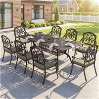 9 Piece Cast Aluminium Garden Dining Set with Cushions, Parasol Hole for Patio