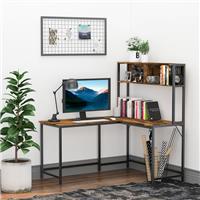 Industrial L-Shaped Work Desk & Storage Shelf Steel Frame Adjustable Feet Brown