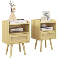 HOMCOM Bedside Table Set of 2, Boho Nightstand w/Drawer & Storage Refurbished