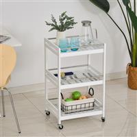 3-Tier Home Trolley Kitchen Storage Cart Steel Bars 4 Wheels Rolling Unit White