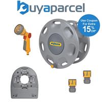 Hozelock 2390 60m Wall Mounted Hose Reel & Hose Guide & 2679 Multi Spray Gun