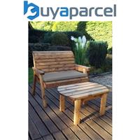 Charles Taylor Deluxe Wooden Garden 2 Seater Bench Coffee Table & Grey Cushion