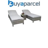 Signature Weave Sarena Wicker 2x Sun Lounger Bed Chair & Side Drinks Table Grey