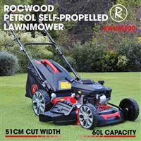 Petrol Lawnmower Self Propelled RocwooD 173cc 20" Mower Mulching Plus FREE Oil