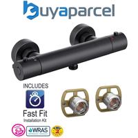 Black Thermostatic Bar Mixer Shower Valve Round Bottom Outlet + Fast Fit Kit