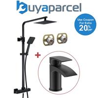 Matt Black Thermostatic Mixer Shower Set Square Black Twin Head Exposed + Tap
