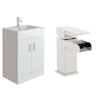 Vanity Unit Sink Basin Bathroom Furniture Set 600 White & Waterfall Mixer Tap