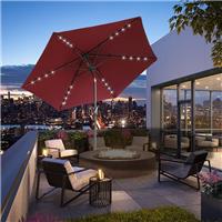 Wine Red Garden Parasol Outdoor Tilt Sun Umbrella LED Light Hand Crank 2.5M