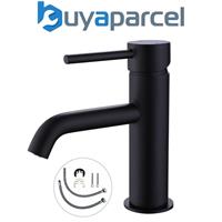 Matt Black Round Cloakroom Basin Mixer Tap Sink Mono Bathroom + Flexi Tails