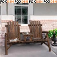 Carbonized 2 Seats Jack and Jill Wood Patio Bench w/ Center Coffee Table Garden