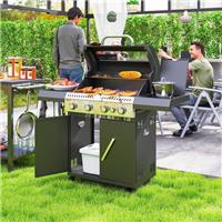 4+1 Burner Portable Gas Barbecue Grill with Side Table, Cabinet, Wheels, Black