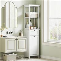 165cm Tall Bathroom Cabinet with Laundry Basket 2 Open Shelves and Drawer White
