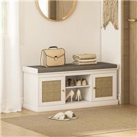 Shoe Storage Bench with Padded Cushion and Rattan Doors, White