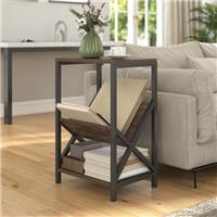 Narrow Side Table, Industrial Slim End Table with 3-Tier Storage, Oak