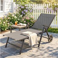 Folding Sun Lounger w/ Wheels, 5-Position Adjustable Chaise Lounge, Grey