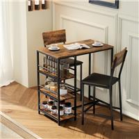 3 Piece Breakfast Bar Table and Stools Set w/ Storage Shelves Brown Refurbished