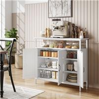 Kitchen Sideboard Buffet Cabinet with Open Shelf and Adjustable Shelves, White