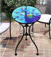Mosaic Table Blue Peacock Design Iron/Glass Round Coffee Garden Patio