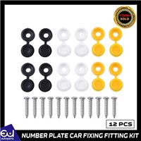 12 x NUMBER PLATE CAR FIXING FITTING KIT SCREWS & CAPS HINGED BLACK YELLOW WHITE