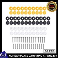 32 x NUMBER PLATE CAR FIXING FITTING KIT SCREWS & CAPS HINGED BLACK YELLOW WHITE