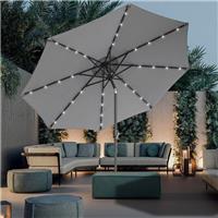 2.7M LED Solar Outdoor Parasol Garden Patio Sun Shade Umbrella Tilt & Crank Grey
